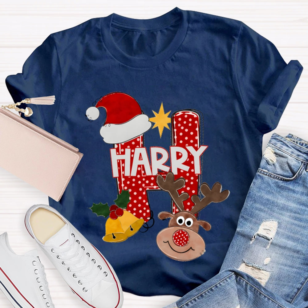 H Is For Happy Santa Hat And Elk Christmas Tree T-shirt