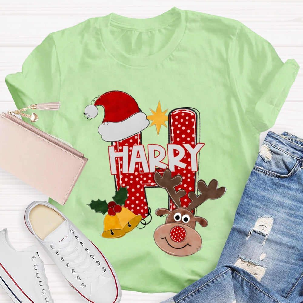 H Is For Happy Santa Hat And Elk Christmas Tree T-shirt
