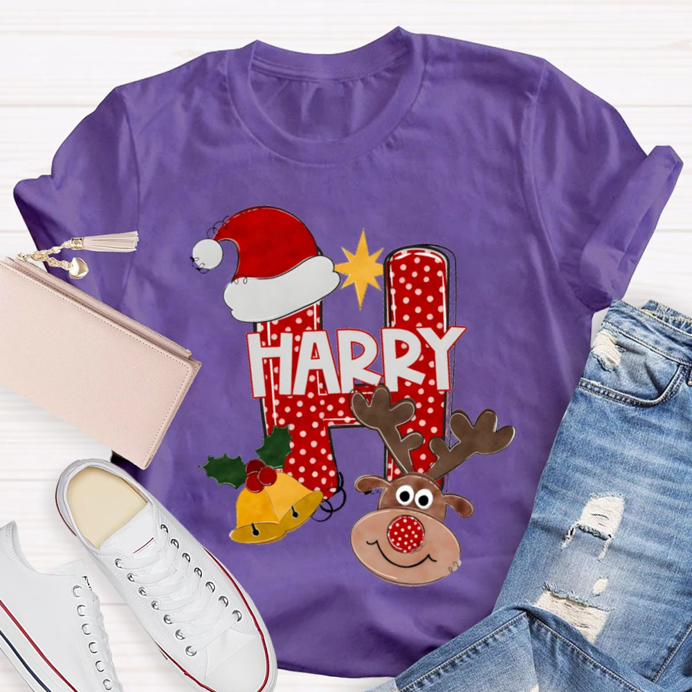 H Is For Happy Santa Hat And Elk Christmas Tree T-shirt