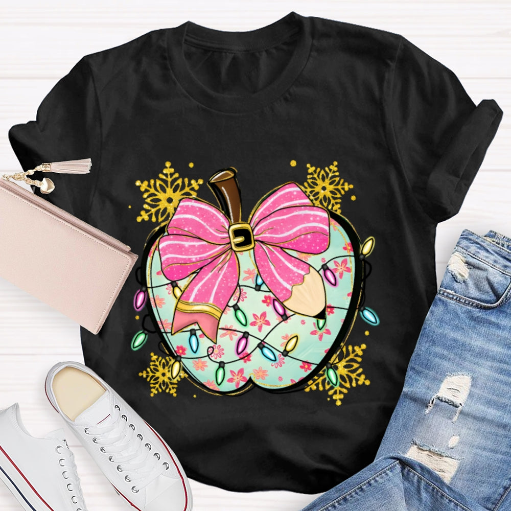 Pink Pencil Bow Apple And Christmas Lights T-shirt
