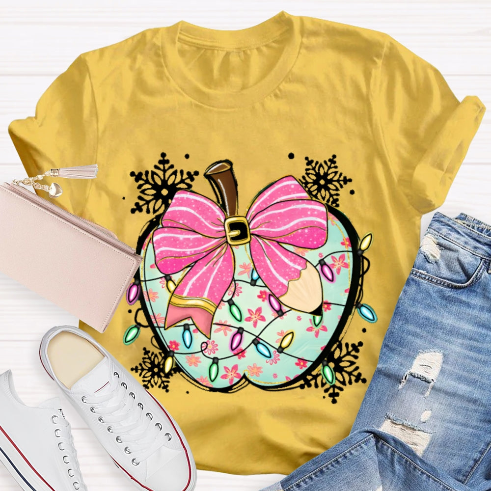 Pink Pencil Bow Apple And Christmas Lights T-shirt