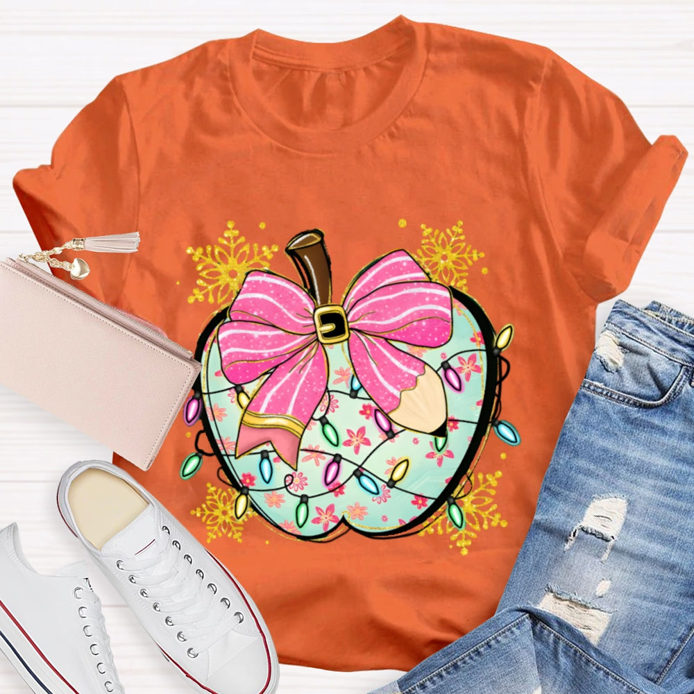 Pink Pencil Bow Apple And Christmas Lights T-shirt