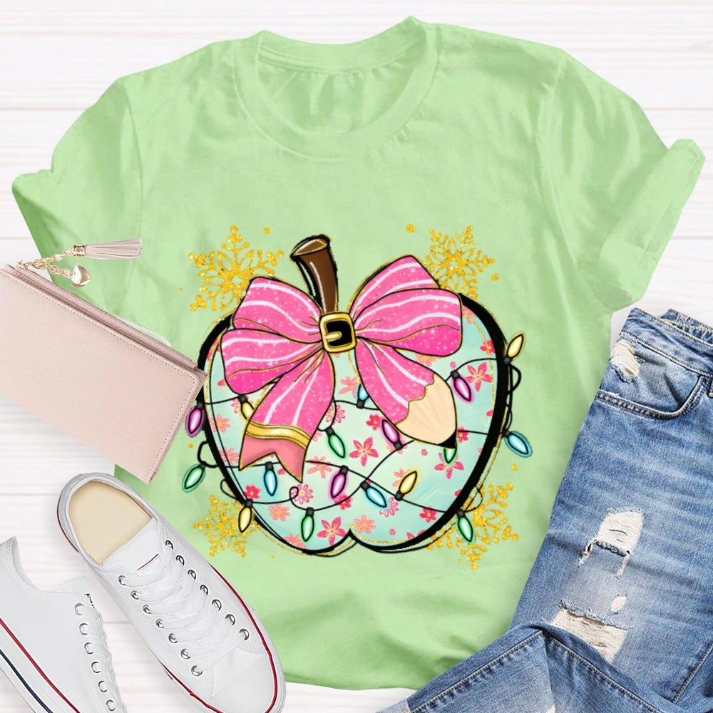Pink Pencil Bow Apple And Christmas Lights T-shirt