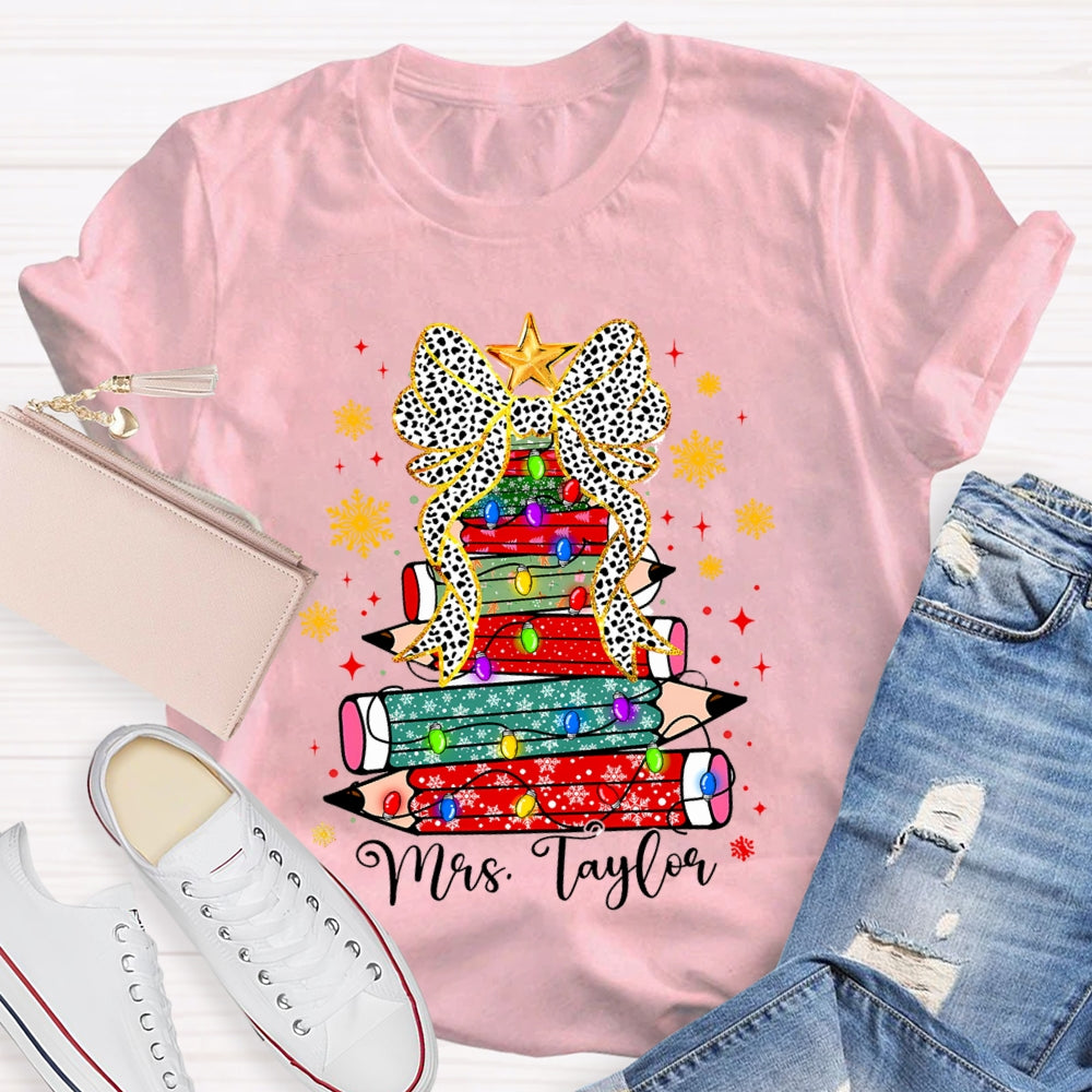 Personalized Name Pencil Christmas Tree Snowflake Bow T-Shirt