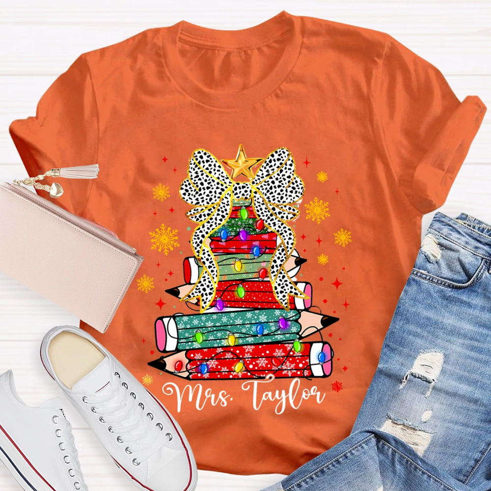 Personalized Name Pencil Christmas Tree Snowflake Bow T-Shirt