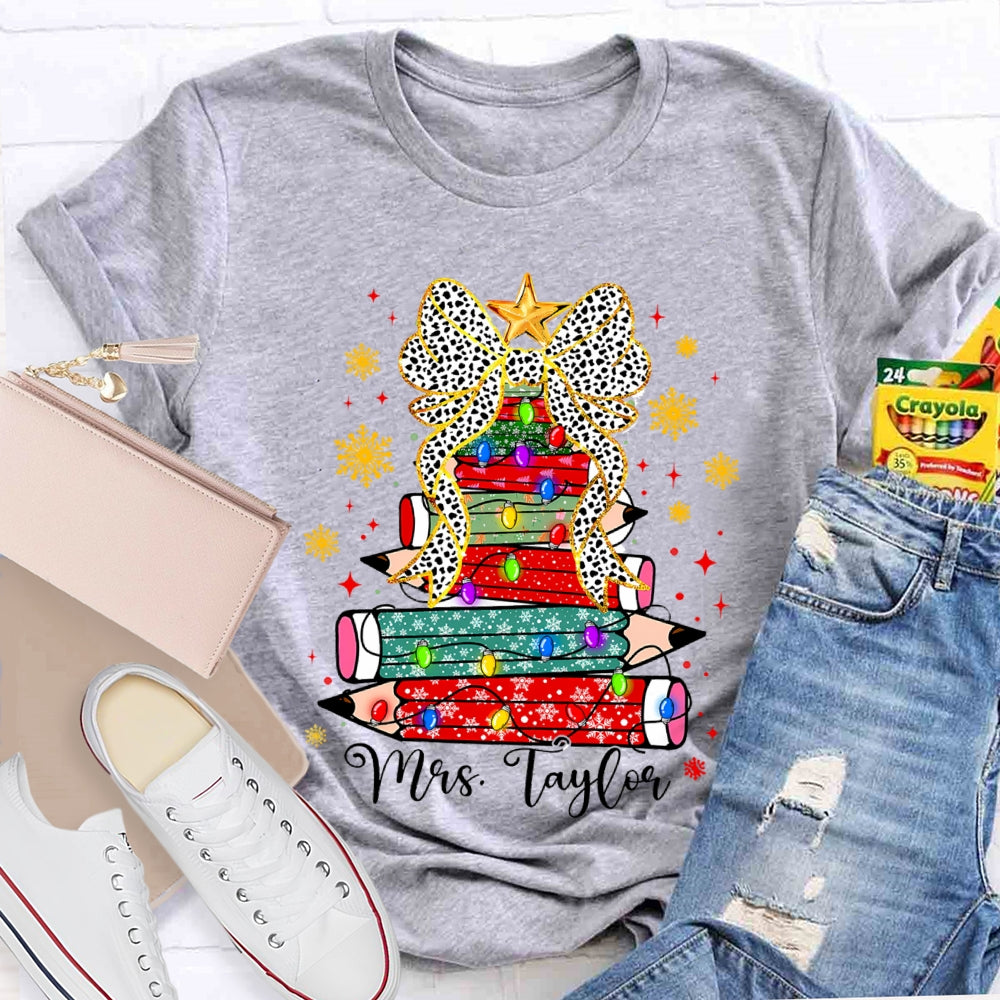 Personalized Name Pencil Christmas Tree Snowflake Bow T-Shirt