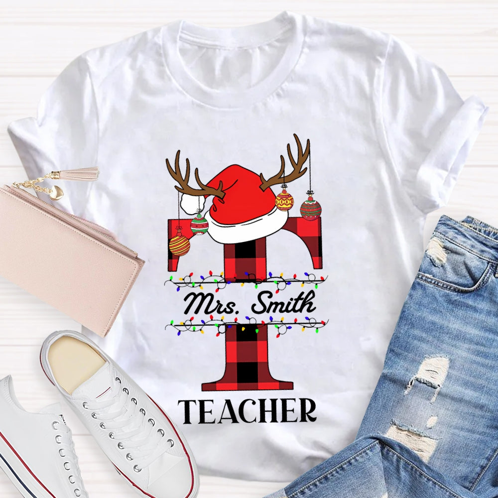 Personalized Name T Is For Teacher Santa Hat Christmas T-shirt