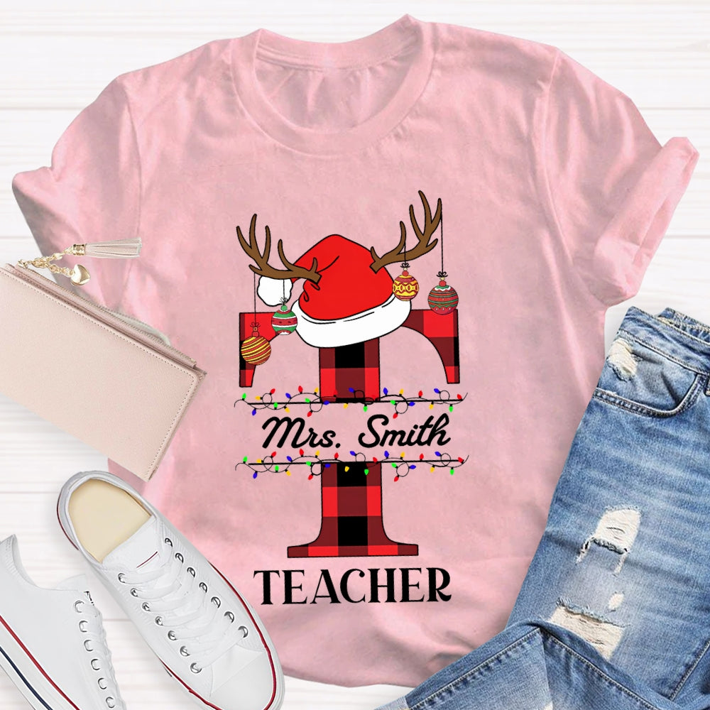 Personalized Name T Is For Teacher Santa Hat Christmas T-shirt