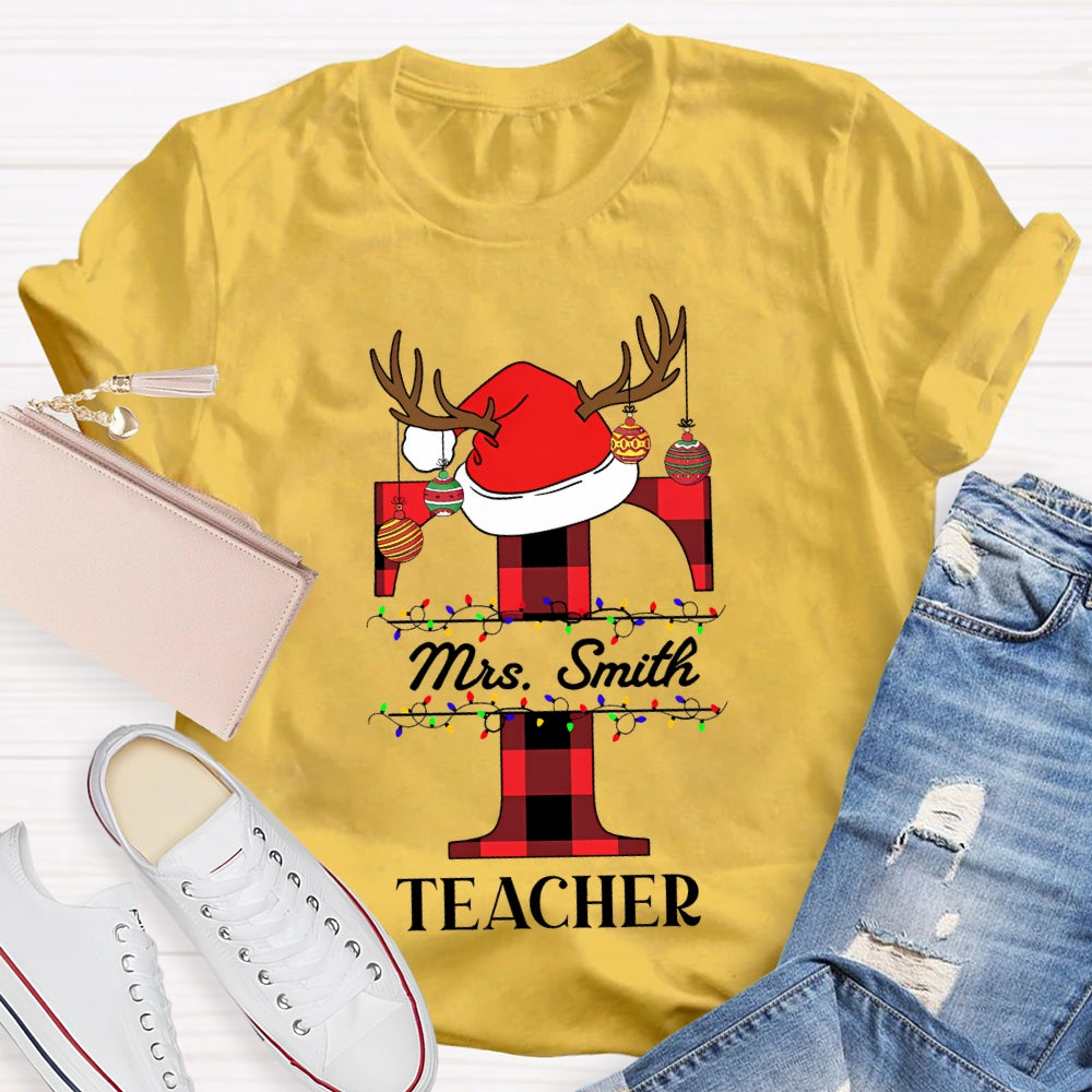 Personalized Name T Is For Teacher Santa Hat Christmas T-shirt