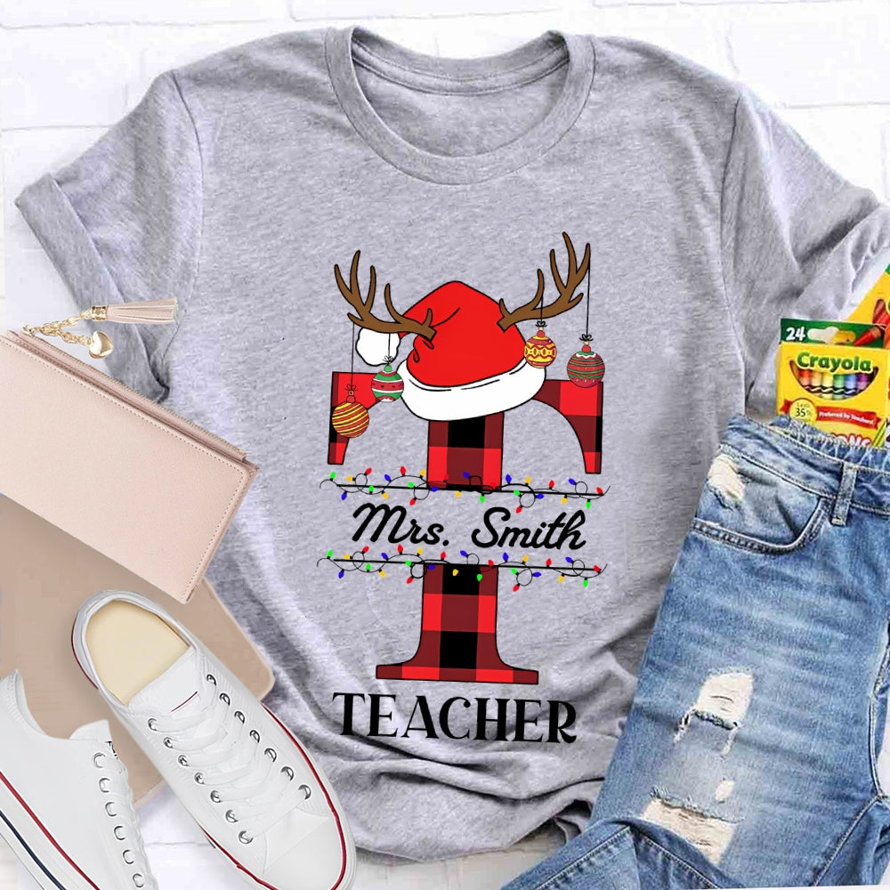 Personalized Name T Is For Teacher Santa Hat Christmas T-shirt