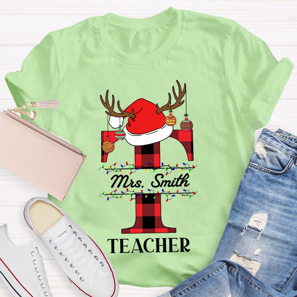Personalized Name T Is For Teacher Santa Hat Christmas T-shirt