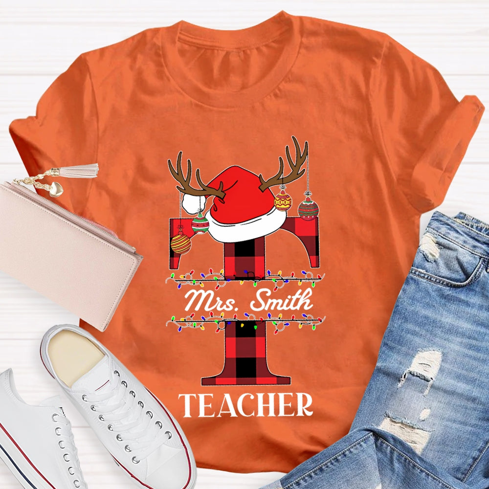 Personalized Name T Is For Teacher Santa Hat Christmas T-shirt