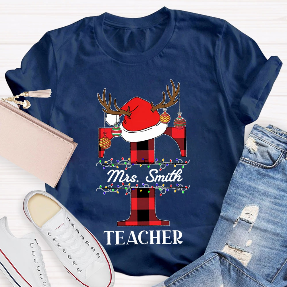 Personalized Name T Is For Teacher Santa Hat Christmas T-shirt