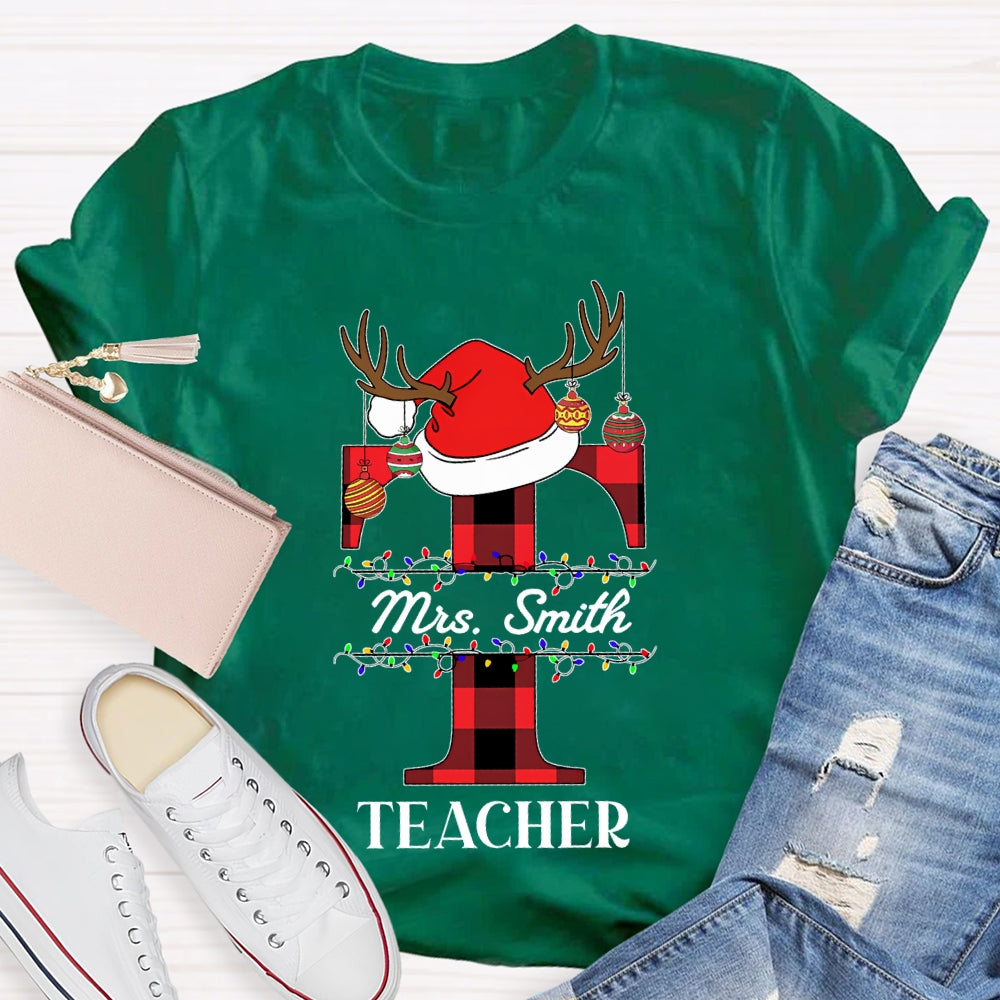 Personalized Name T Is For Teacher Santa Hat Christmas T-shirt