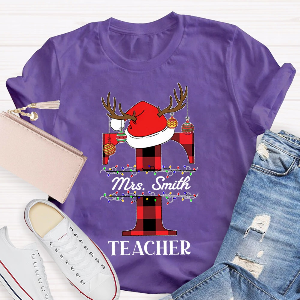 Personalized Name T Is For Teacher Santa Hat Christmas T-shirt