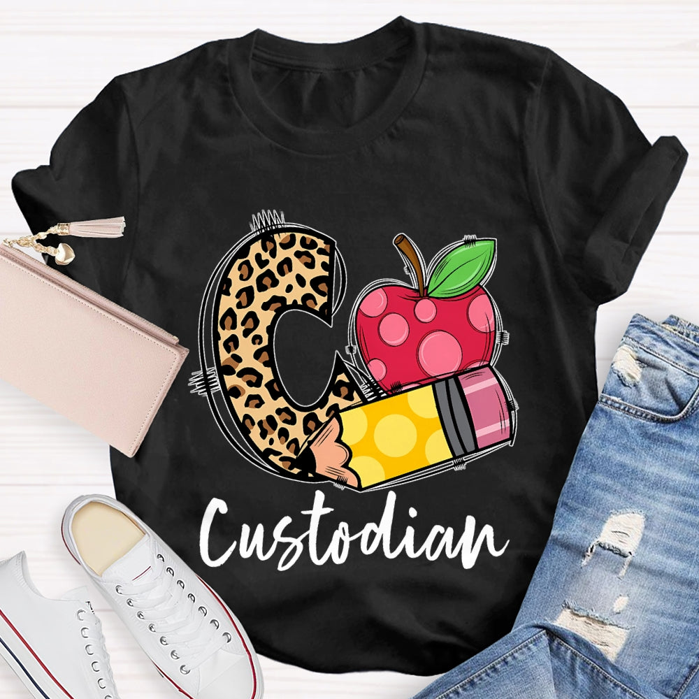 C Is For Custodian Leopard Print Font And Apple T-shirt