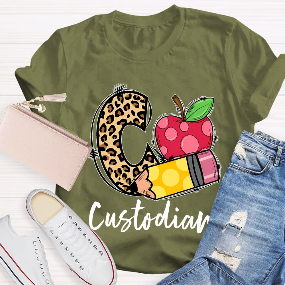 C Is For Custodian Leopard Print Font And Apple T-shirt