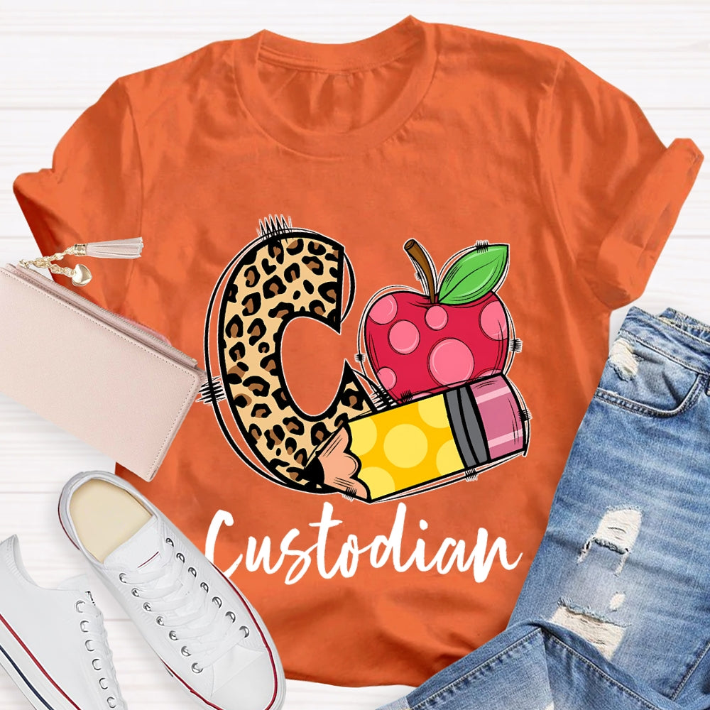 C Is For Custodian Leopard Print Font And Apple T-shirt