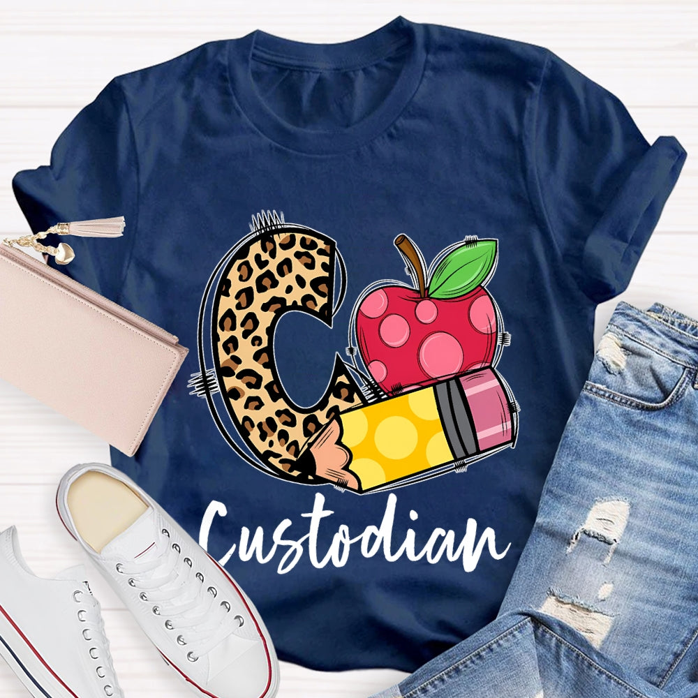 C Is For Custodian Leopard Print Font And Apple T-shirt