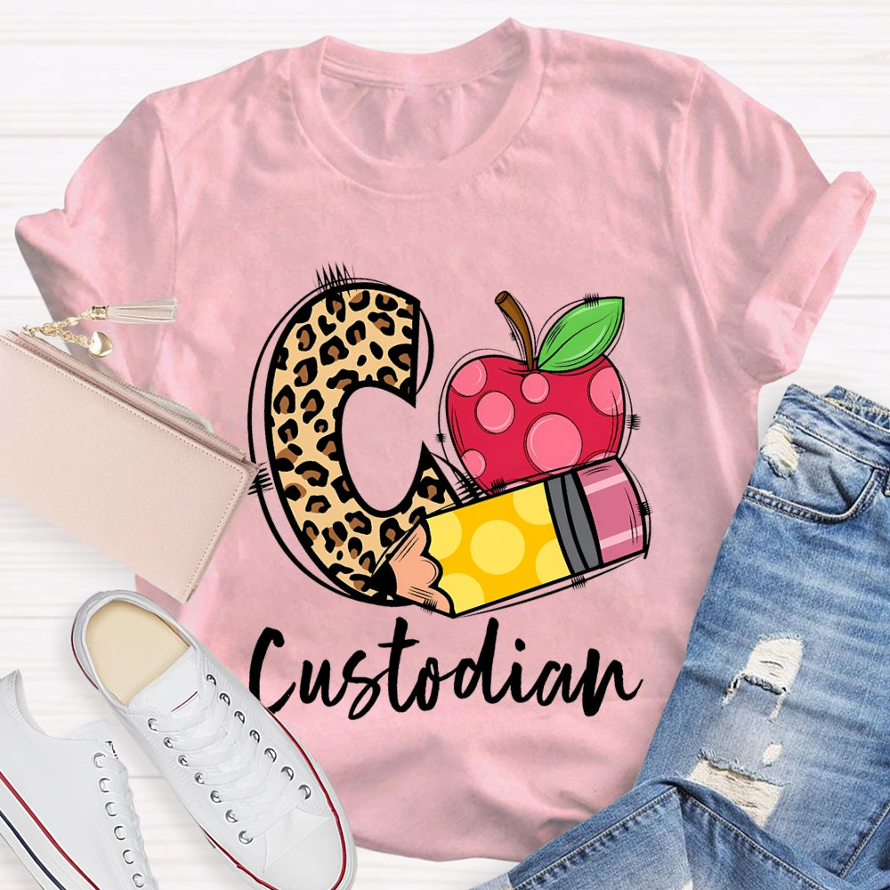 C Is For Custodian Leopard Print Font And Apple T-shirt