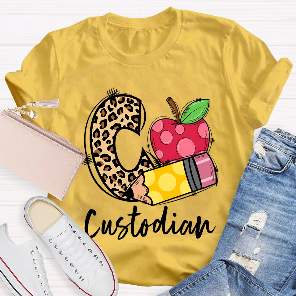 C Is For Custodian Leopard Print Font And Apple T-shirt