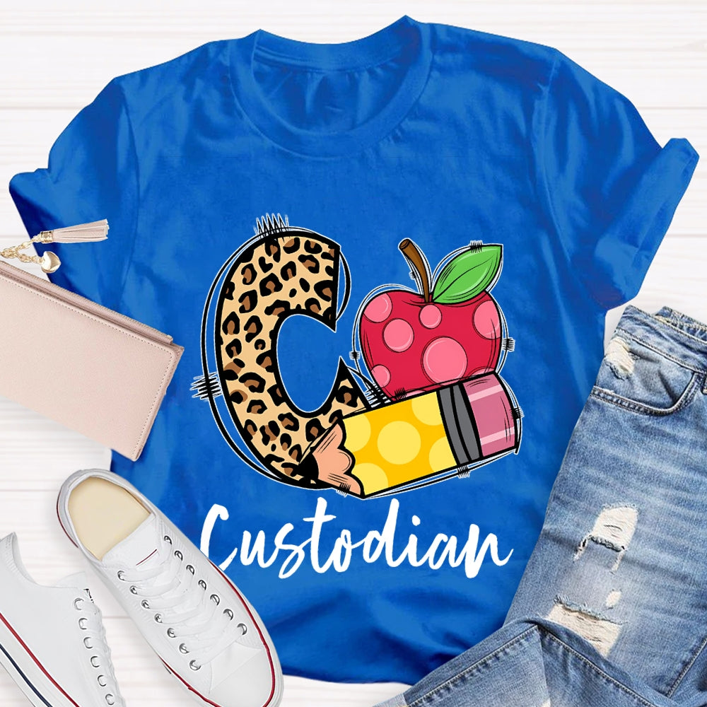 C Is For Custodian Leopard Print Font And Apple T-shirt