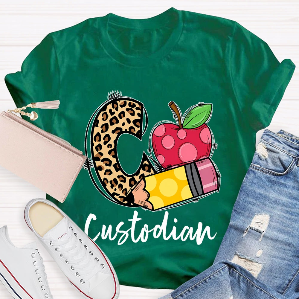 C Is For Custodian Leopard Print Font And Apple T-shirt