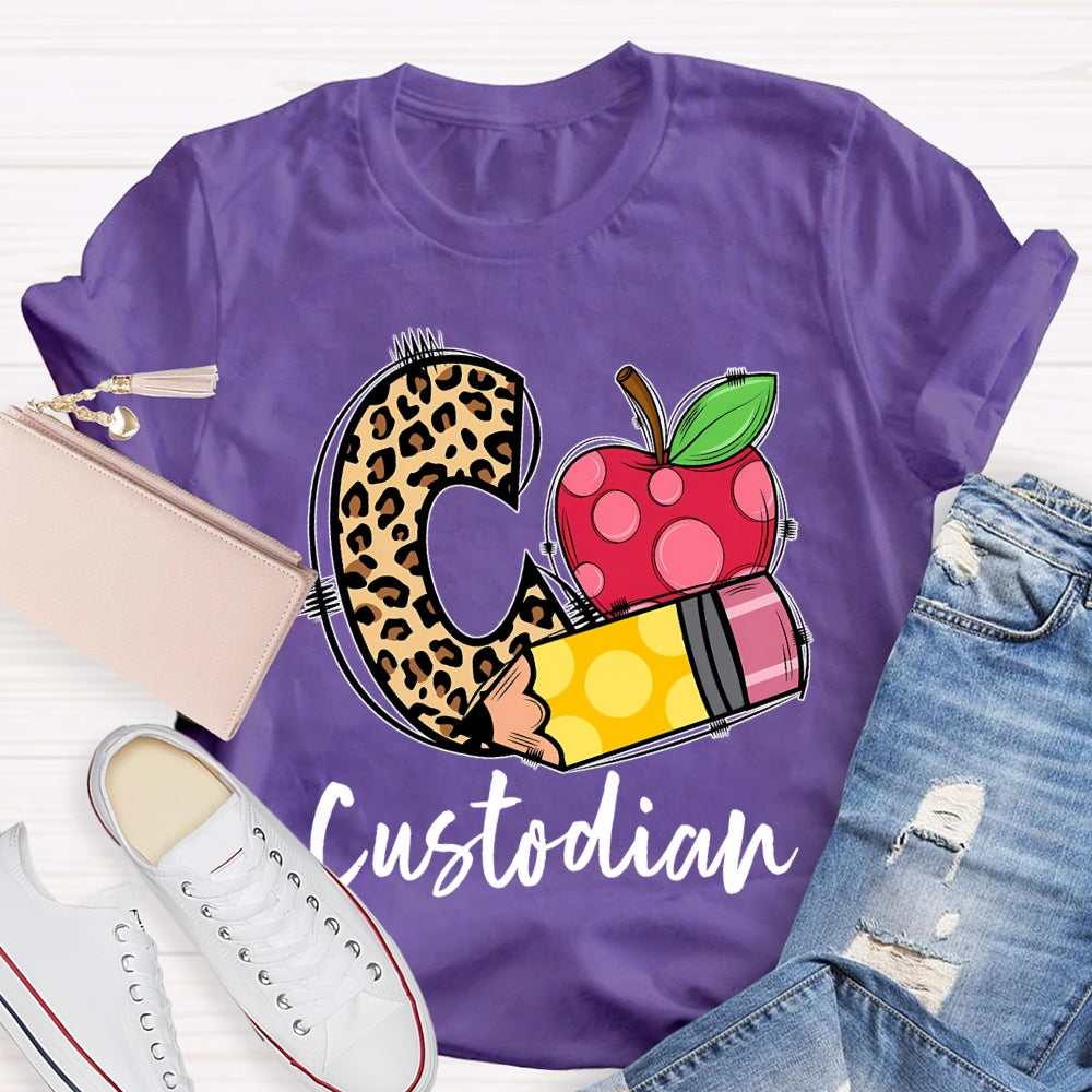 C Is For Custodian Leopard Print Font And Apple T-shirt