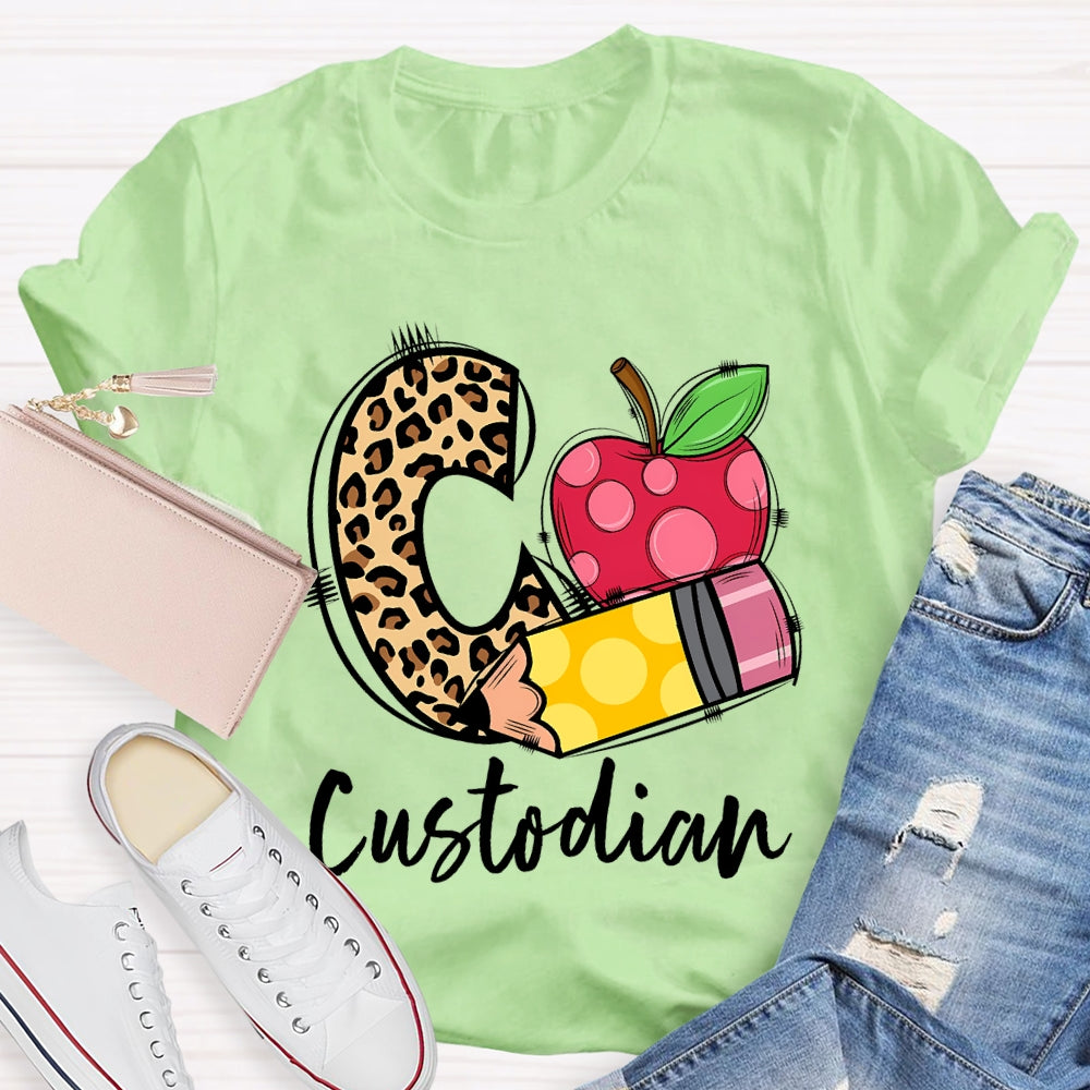 C Is For Custodian Leopard Print Font And Apple T-shirt