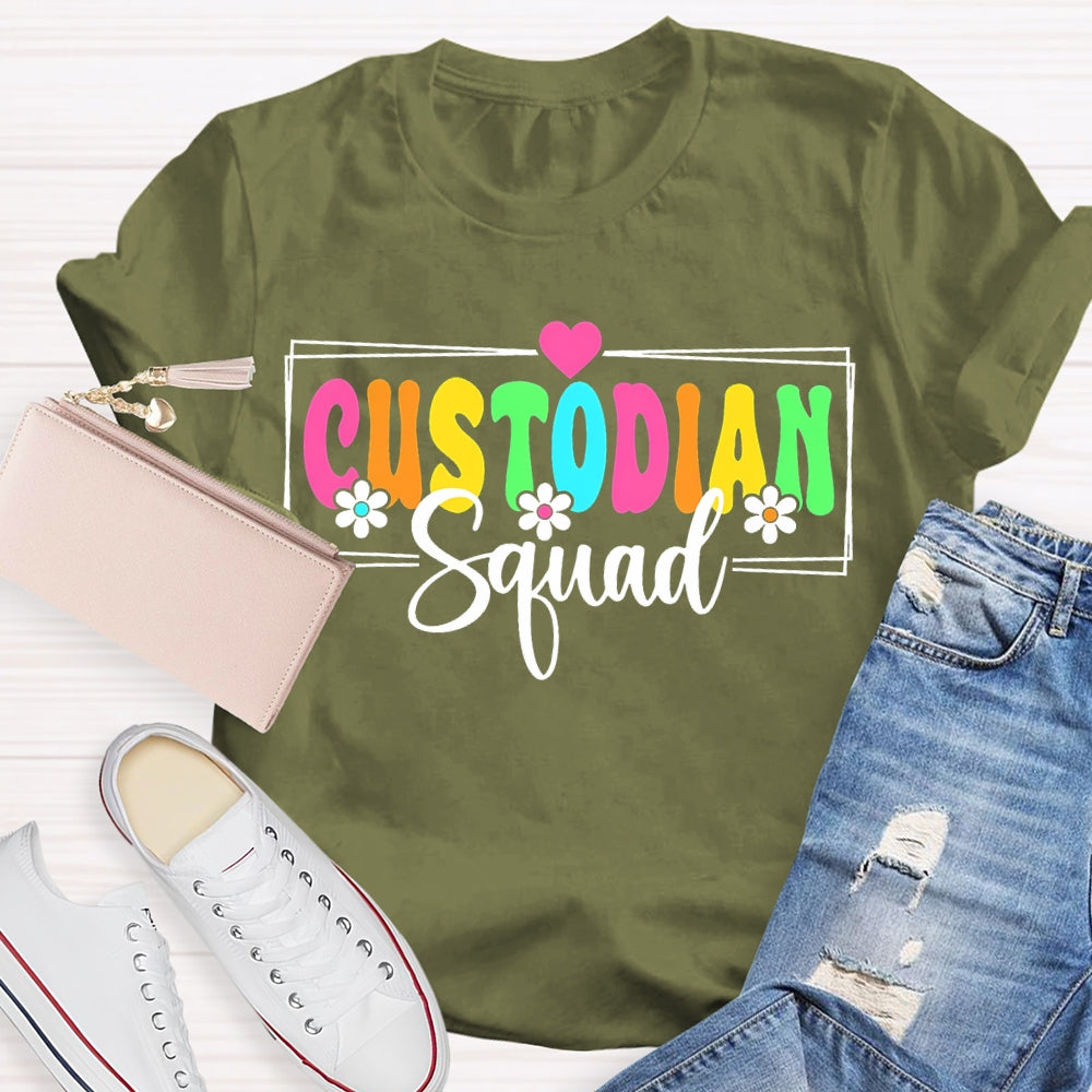 Custodian Squad Colorful Fonts And Small Flowers T-shirt