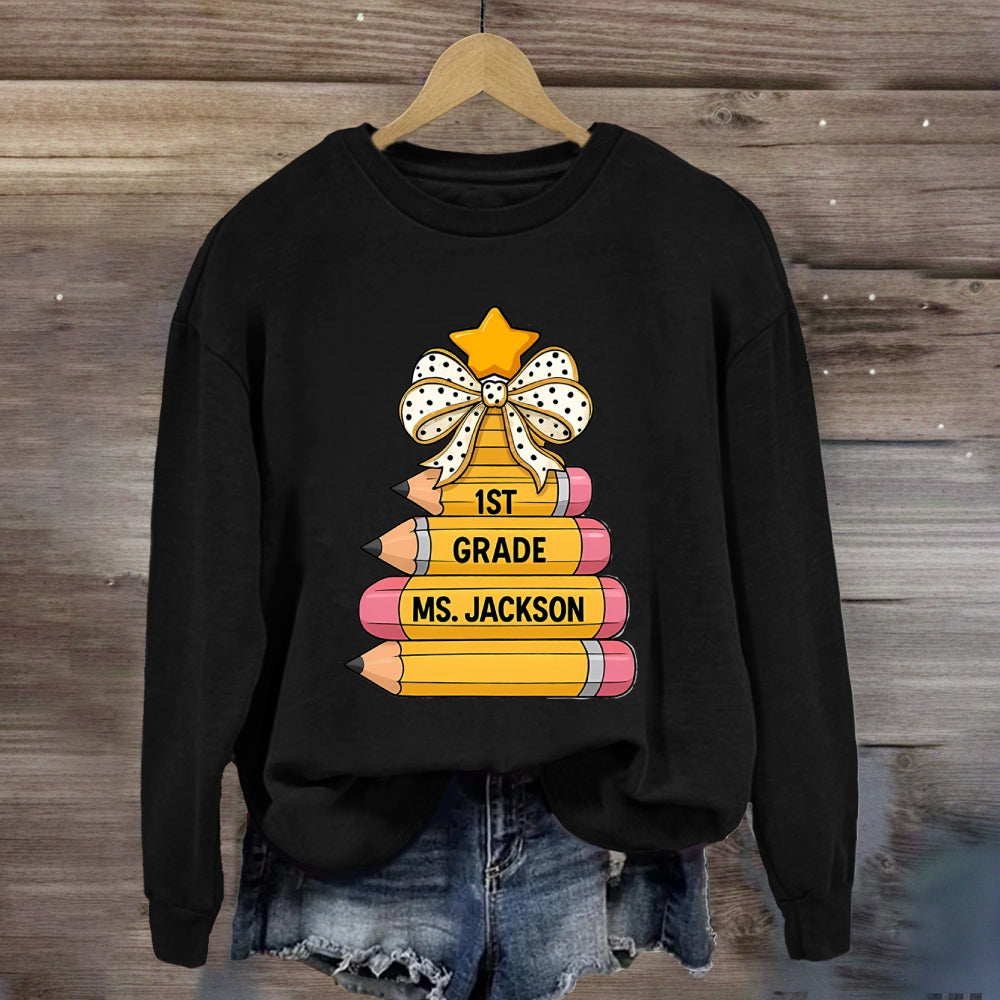 Personalized Grade And Name Pencil Christmas Tree Sweatshirt