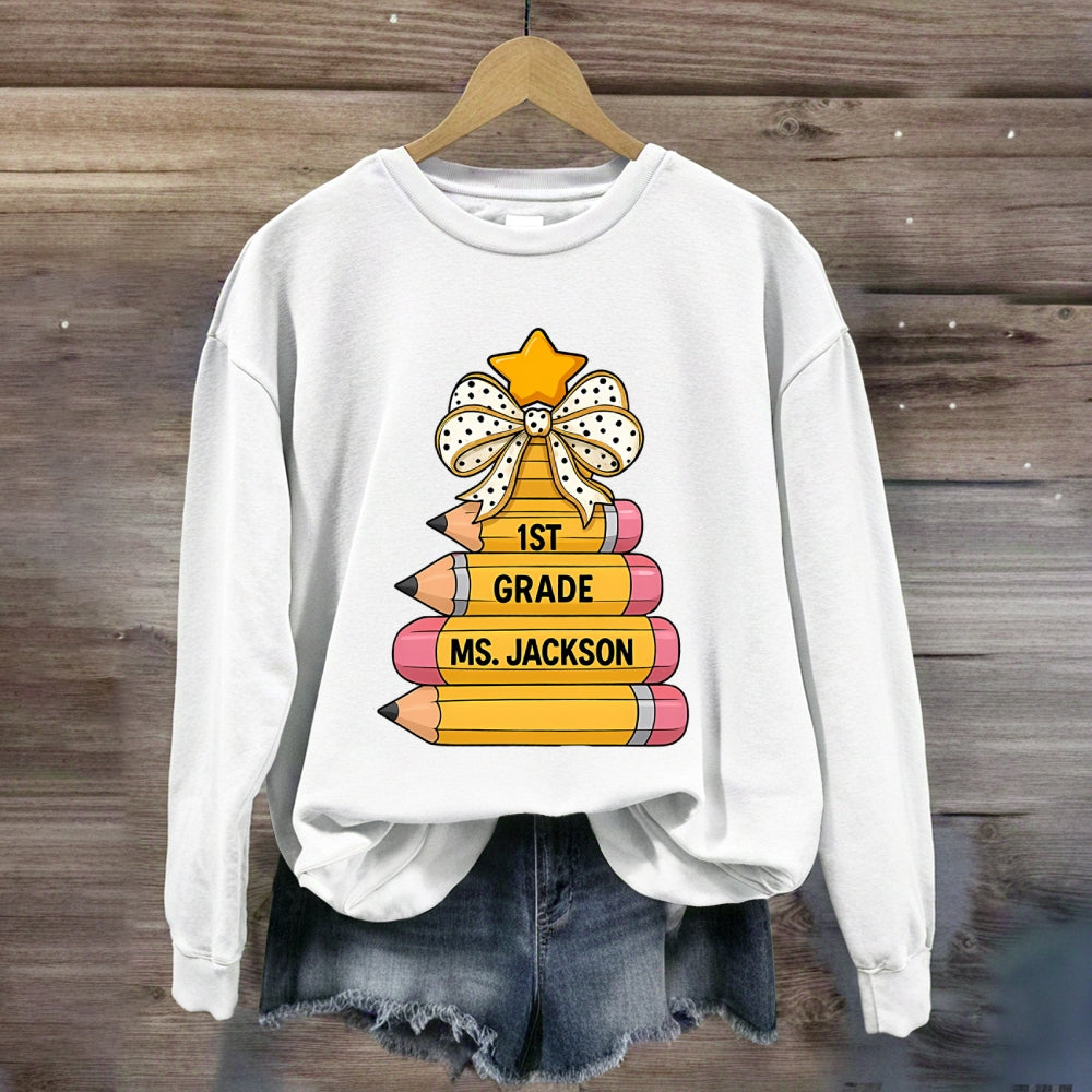 Personalized Grade And Name Pencil Christmas Tree Sweatshirt