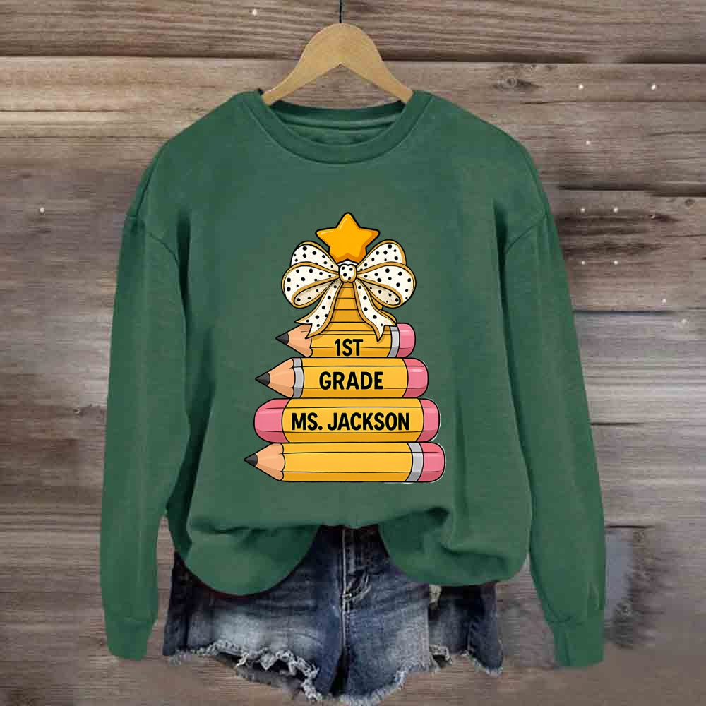 Personalized Grade And Name Pencil Christmas Tree Sweatshirt