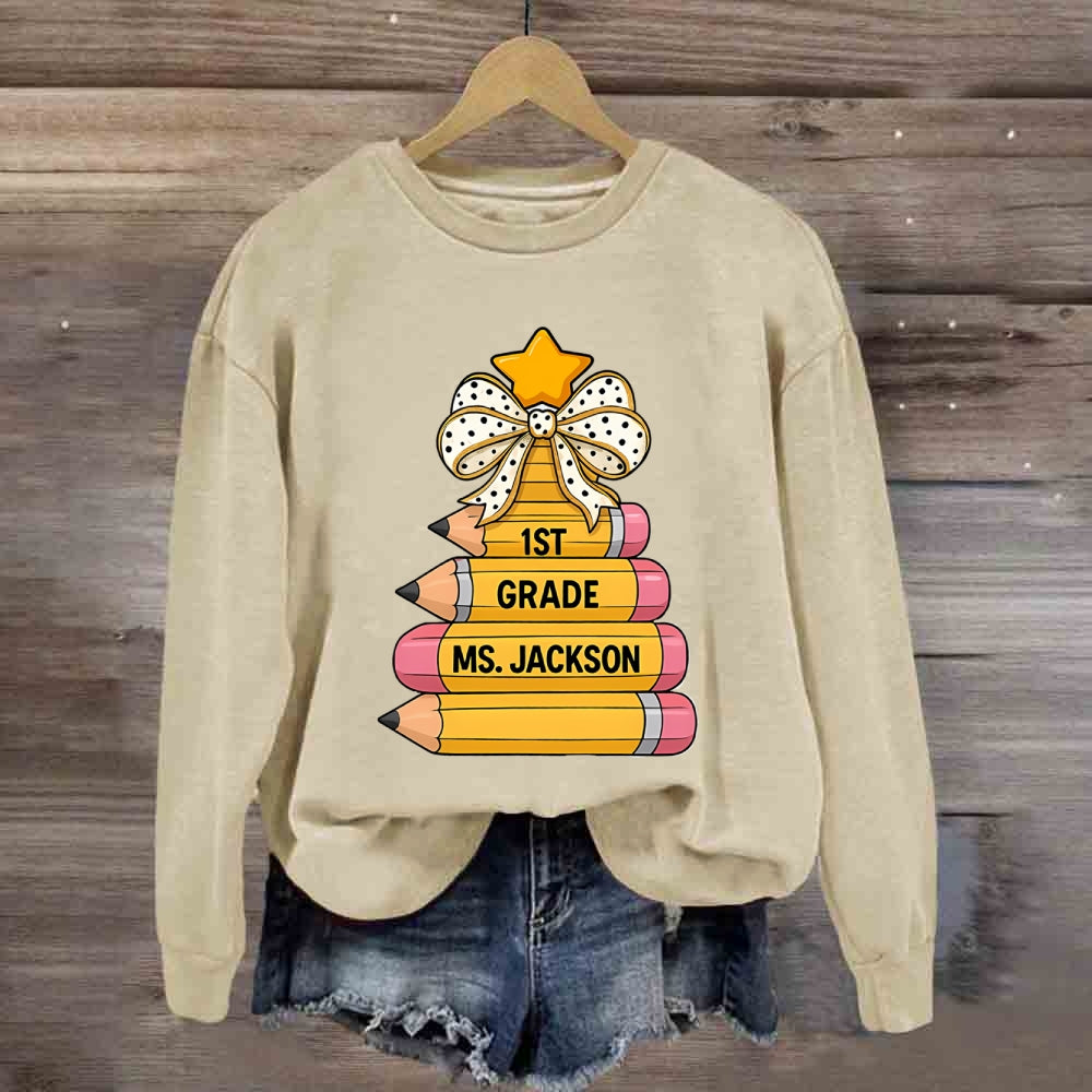 Personalized Grade And Name Pencil Christmas Tree Sweatshirt
