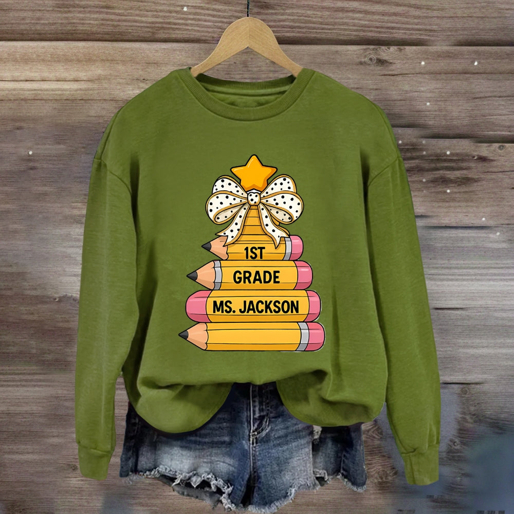 Personalized Grade And Name Pencil Christmas Tree Sweatshirt