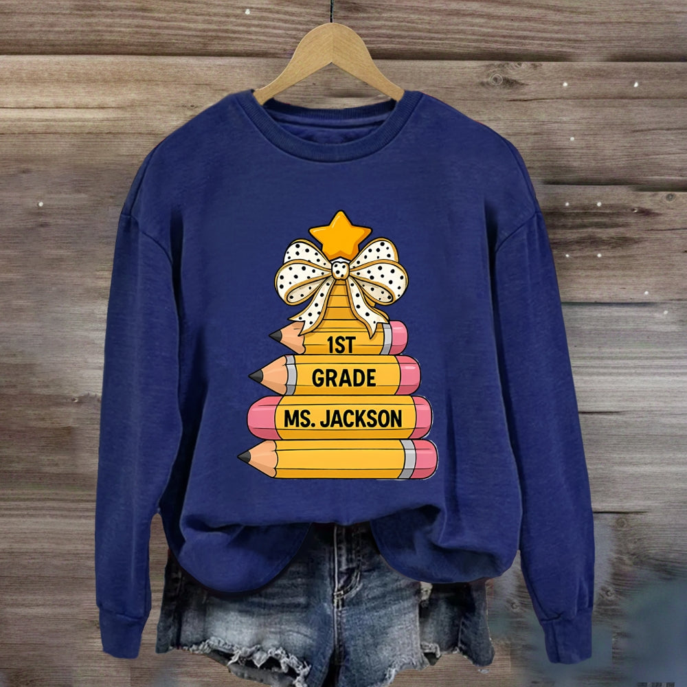 Personalized Grade And Name Pencil Christmas Tree Sweatshirt