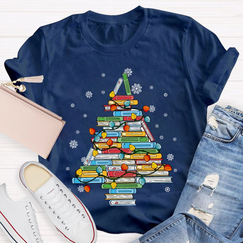 Christmas Tree Books And Christmas Lights Snowflakes T-shirt