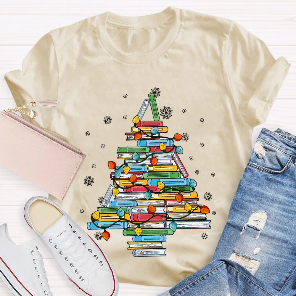 Christmas Tree Books And Christmas Lights Snowflakes T-shirt