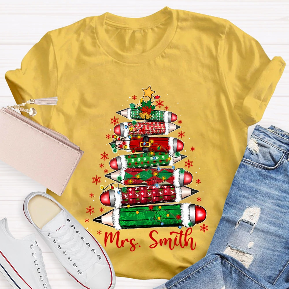 Personalized Name Colored Pencil Christmas Tree And Snowflakes T-shirt