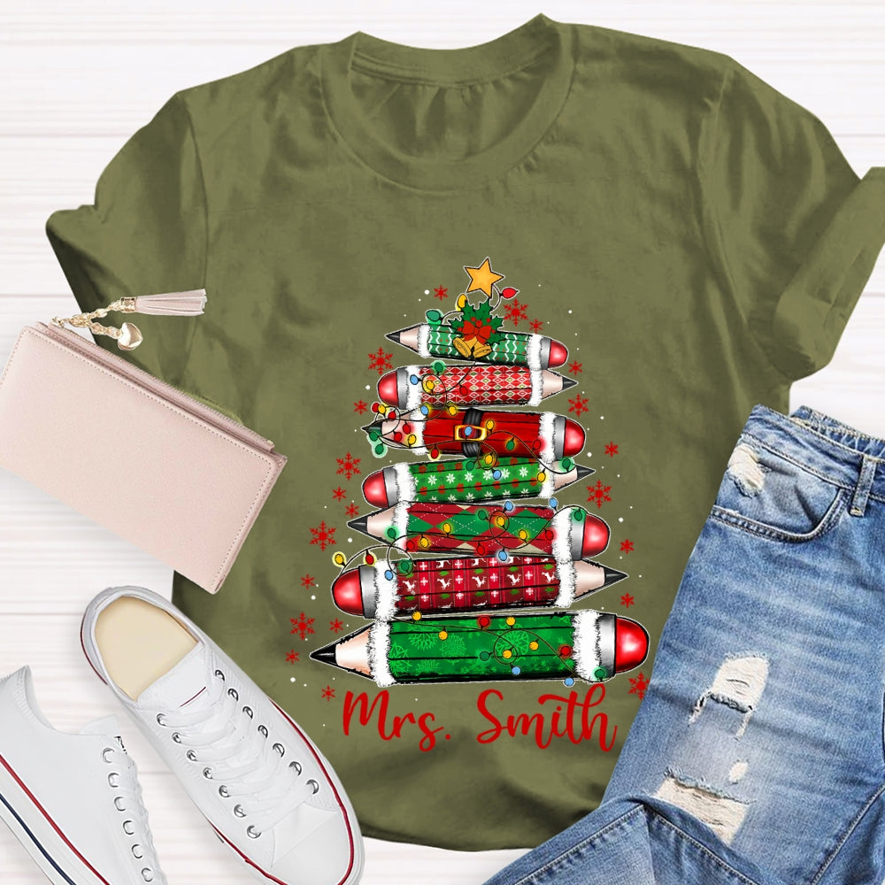 Personalized Name Colored Pencil Christmas Tree And Snowflakes T-shirt