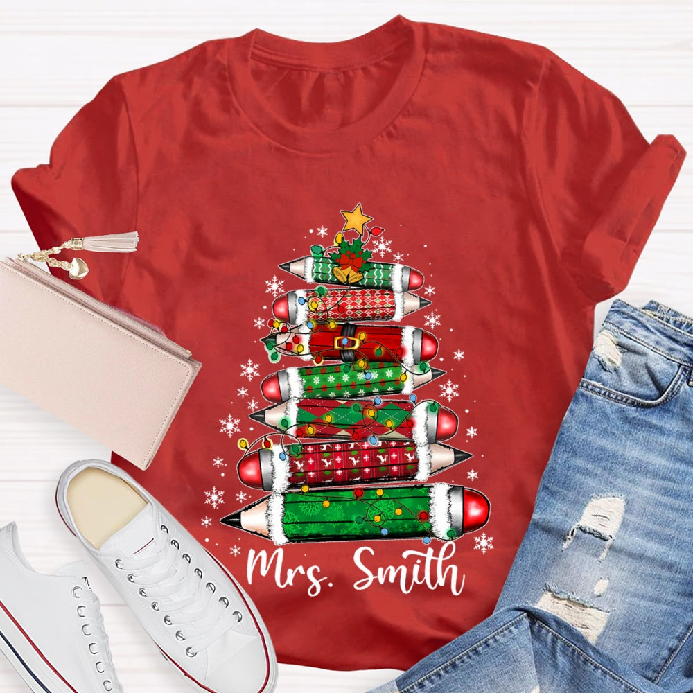 Personalized Name Colored Pencil Christmas Tree And Snowflakes T-shirt