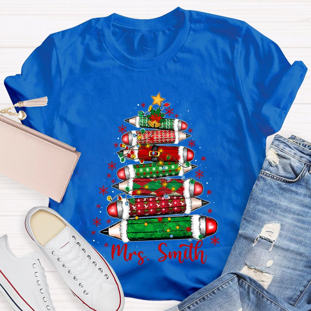 Personalized Name Colored Pencil Christmas Tree And Snowflakes T-shirt