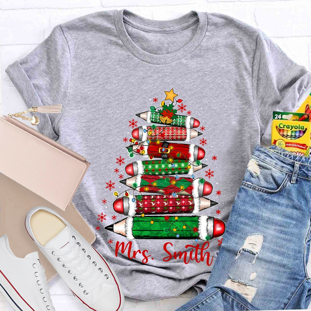 Personalized Name Colored Pencil Christmas Tree And Snowflakes T-shirt