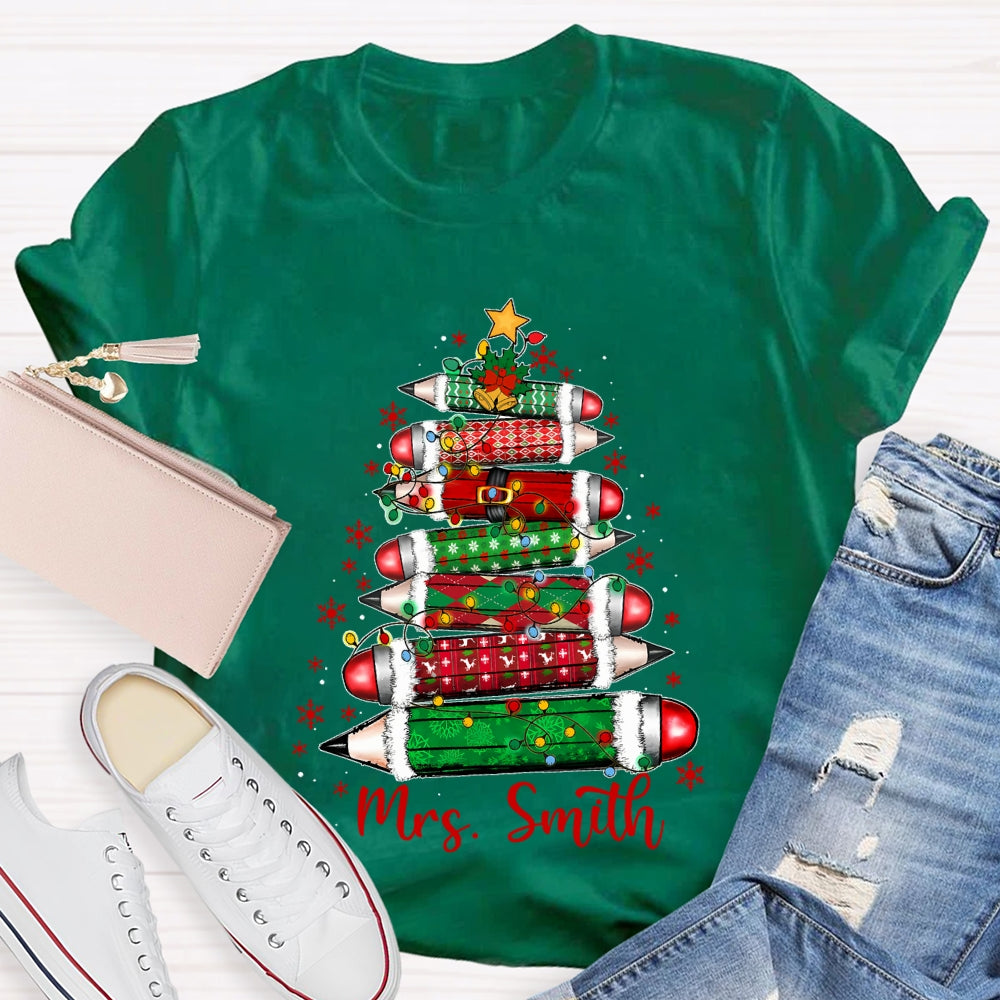Personalized Name Colored Pencil Christmas Tree And Snowflakes T-shirt