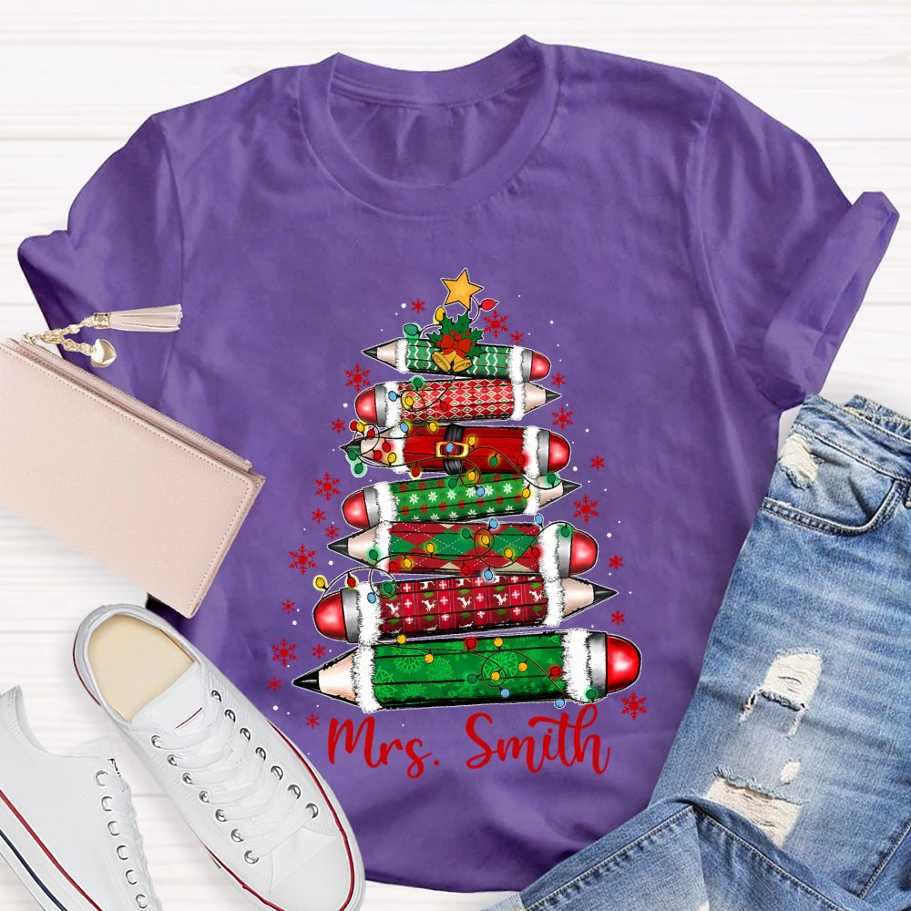 Personalized Name Colored Pencil Christmas Tree And Snowflakes T-shirt