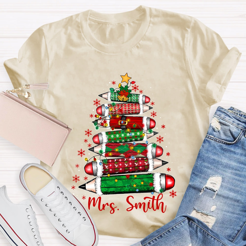 Personalized Name Colored Pencil Christmas Tree And Snowflakes T-shirt