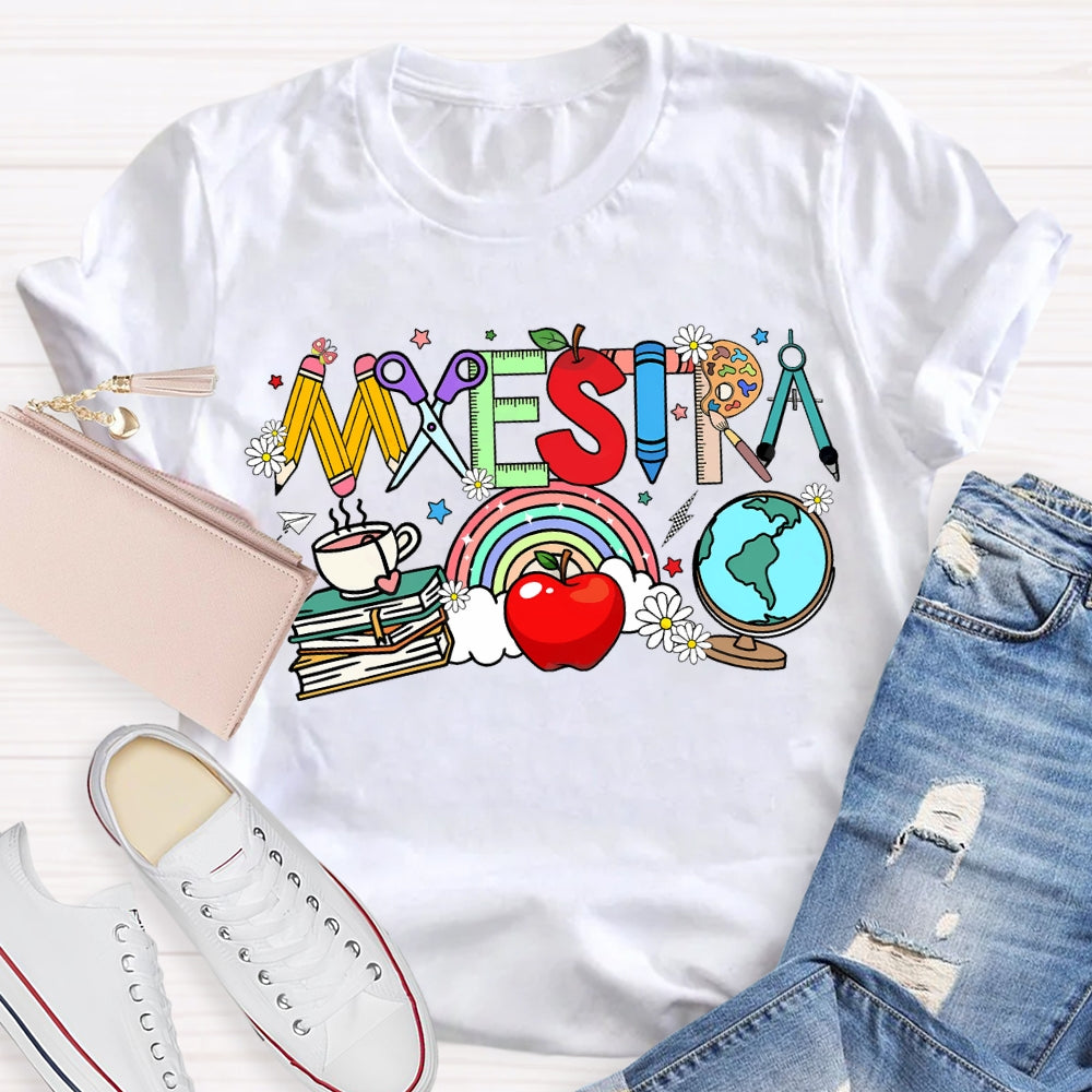 Maestra Colorful Fonts And Apples Bilingual Teacher T-shirt