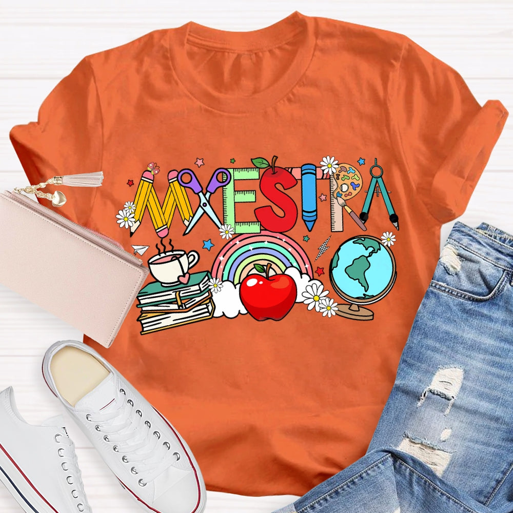 Maestra Colorful Fonts And Apples Bilingual Teacher T-shirt