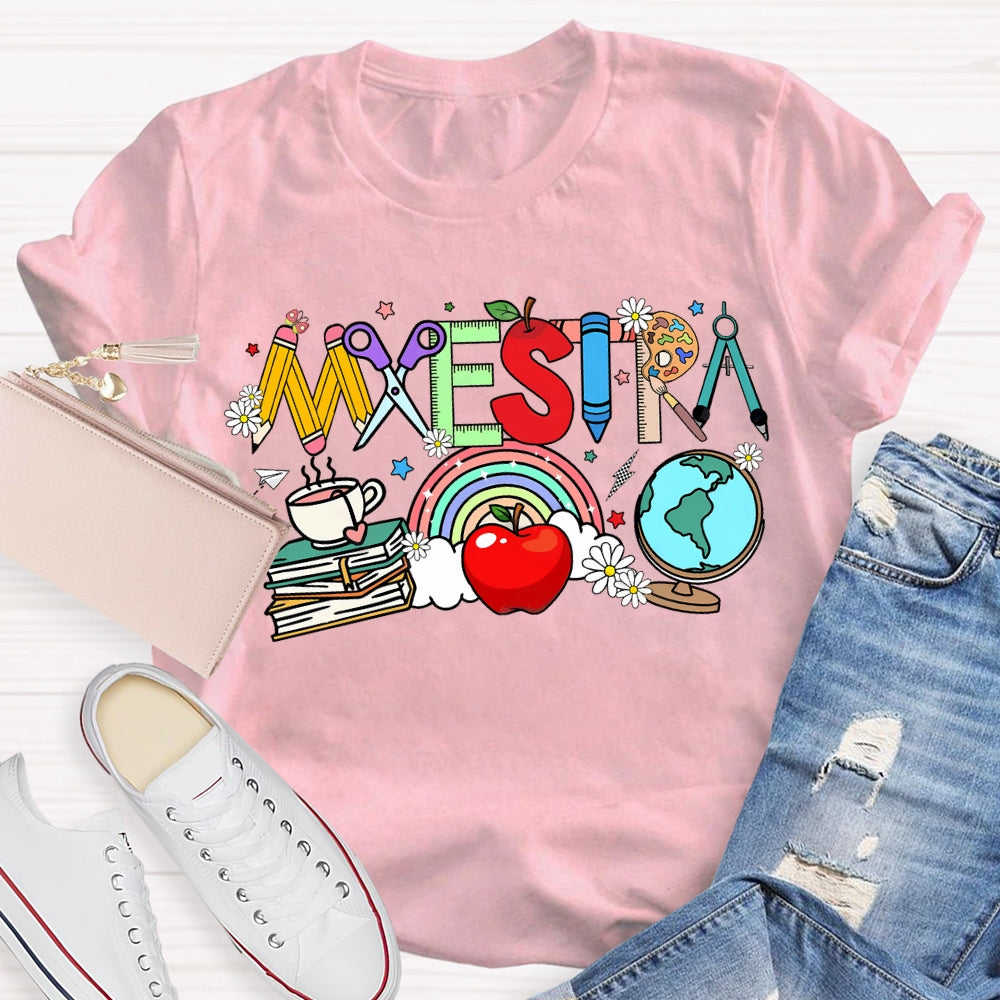 Maestra Colorful Fonts And Apples Bilingual Teacher T-shirt