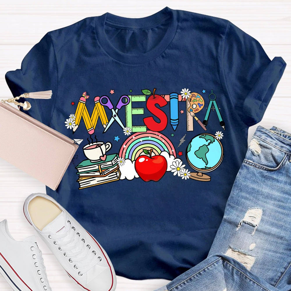 Maestra Colorful Fonts And Apples Bilingual Teacher T-shirt